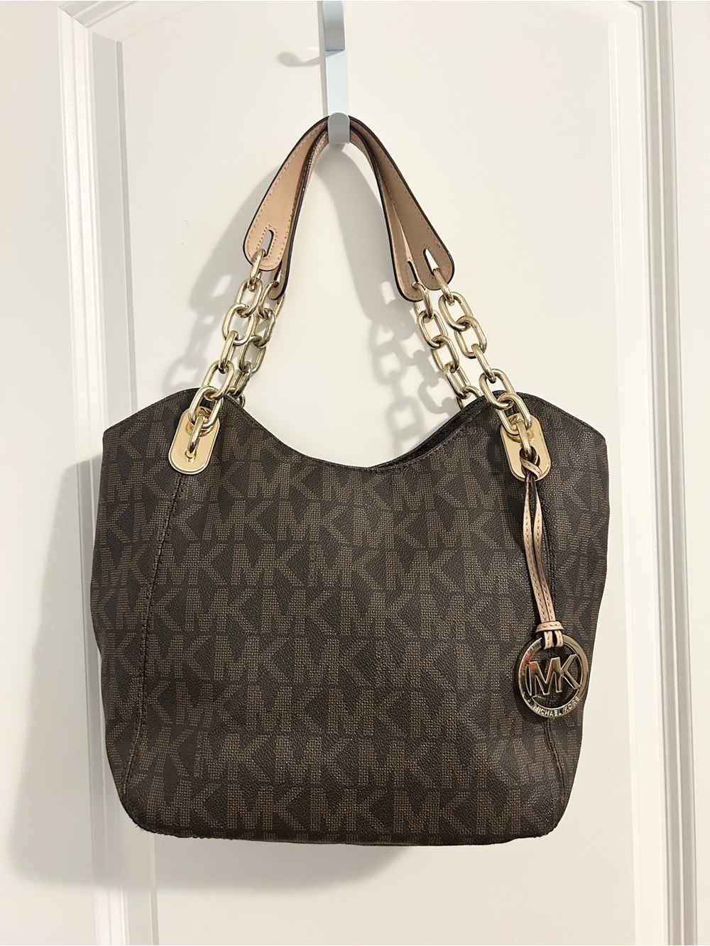 Michael Kors Brown MK Monogram Chain-Trim Shoulder Bag